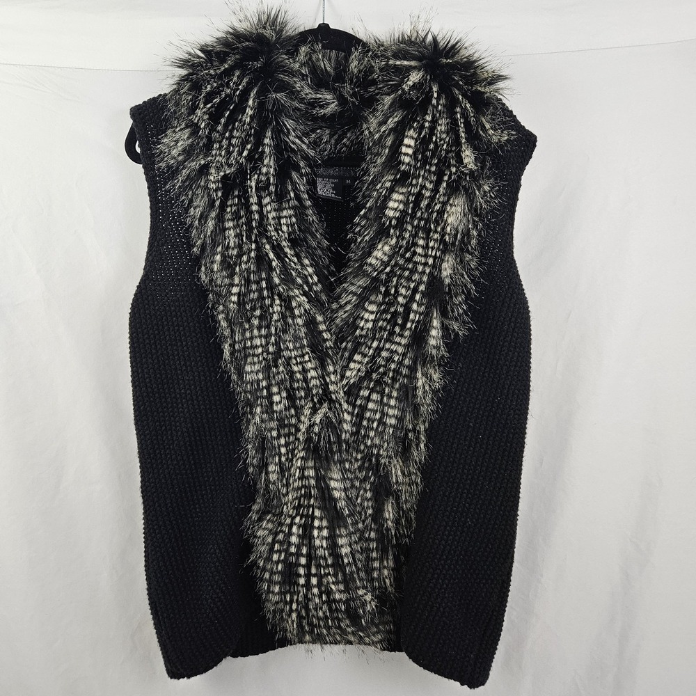 Live A Little Black Cardigan Vest Faux Fur Collar Women's Size M Y2K Whimsy Goth